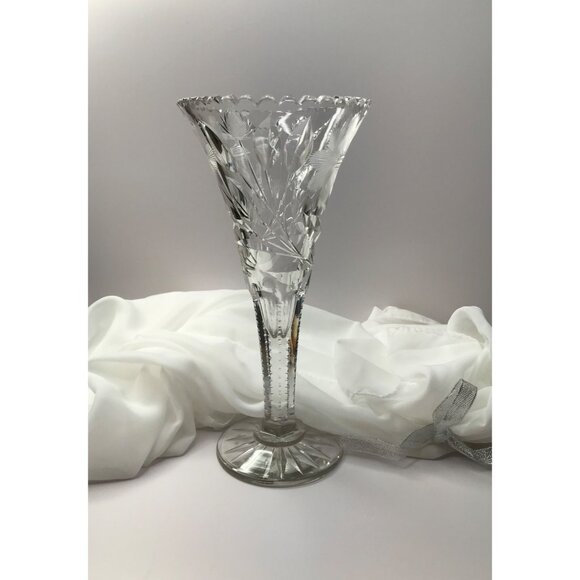 Vintage Crystal Cut/Etched Vase with Flowers & Leaves, sm. chip on foot as shown - Picture 4 of 10